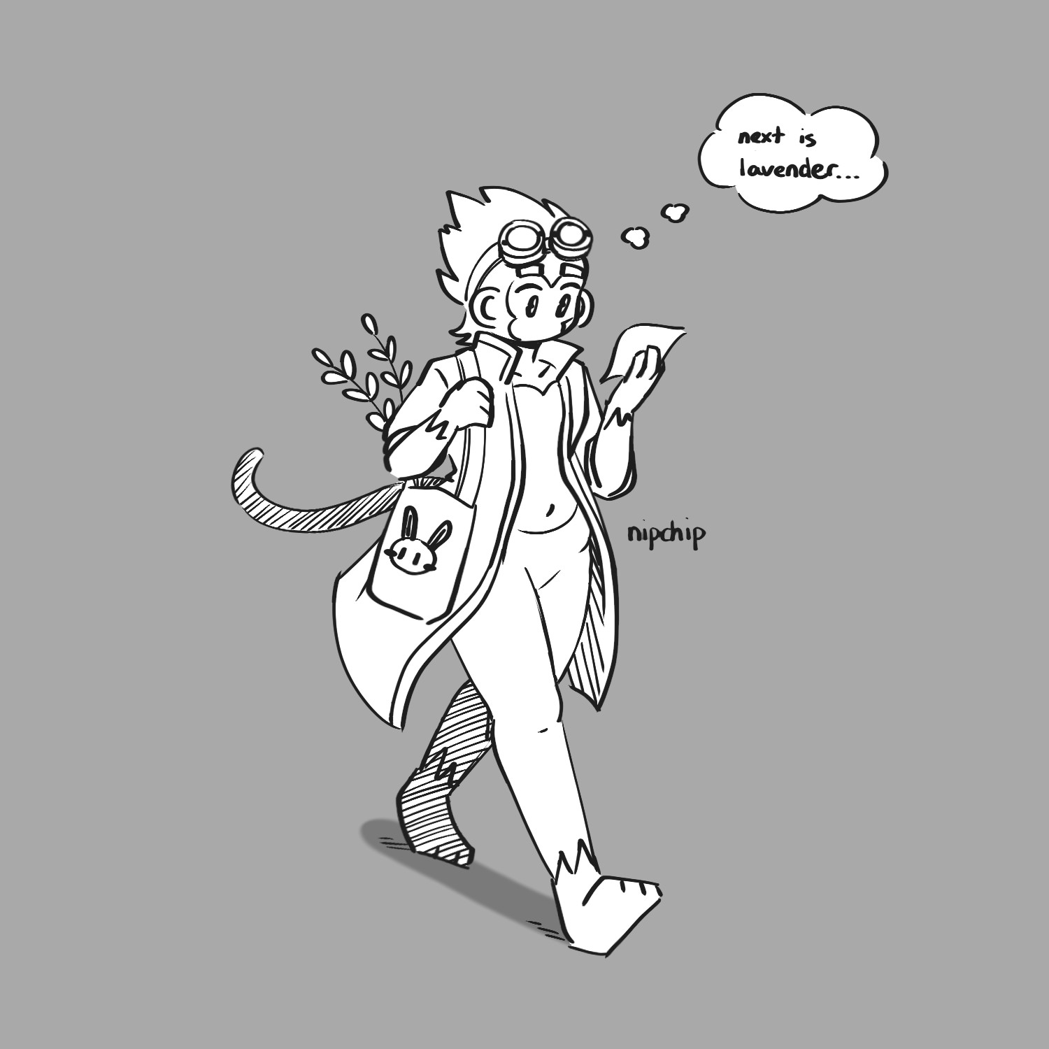 An alchemist monkey holding a shopping list in one hand and the tote bag slung over their shoulder with the other. The bag is holding herb plants. Thought bubble text: 'next is lavender...'.